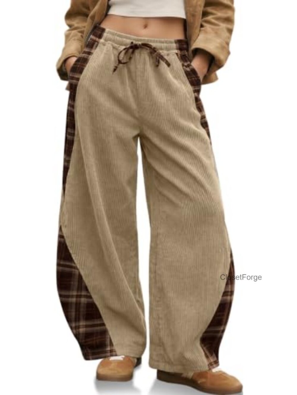 Corduroy Barrel Pants Plaid Patchwork Panels Drawstring Waist Wide Leg